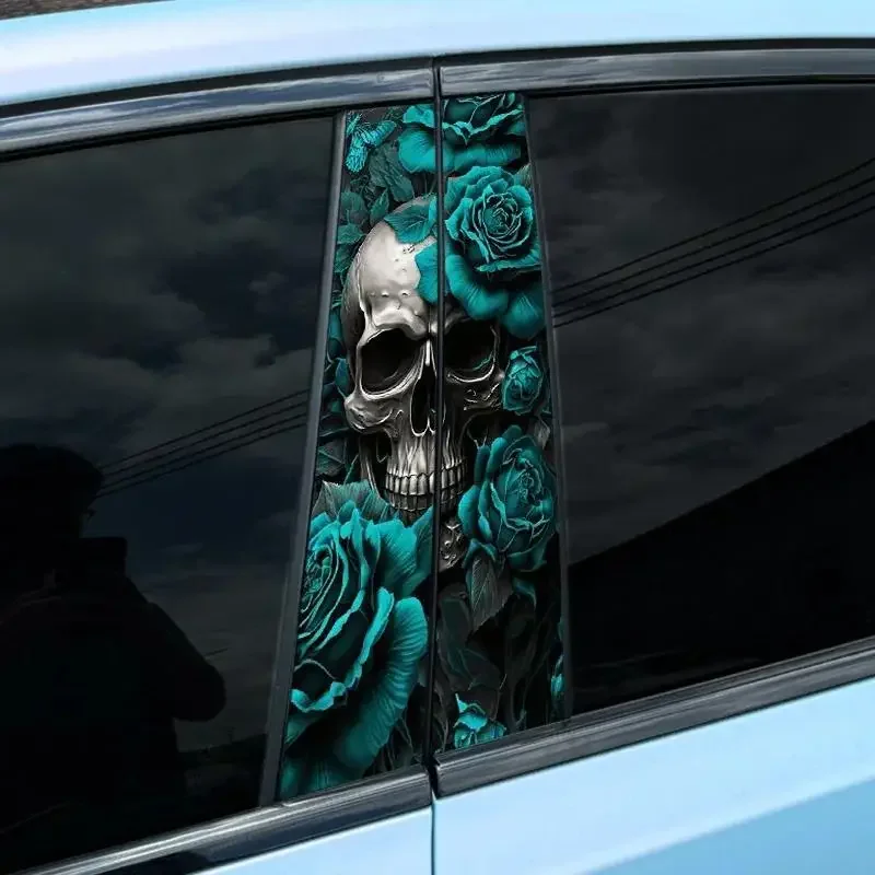 Türkiser Totenkopf-Autoaufkleber, 2-teiliges Set, wasserfester Vinyl-Aufkleber für Türsäule, Kratzabdeckung und Verkleidung