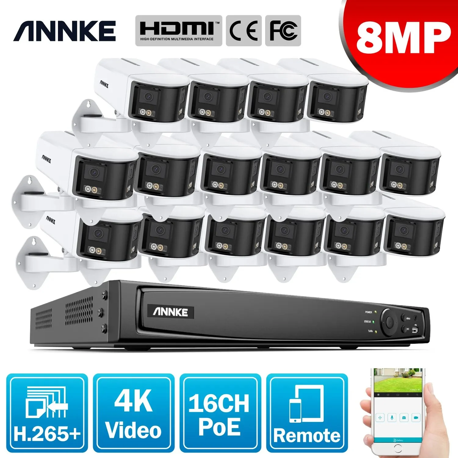 

ANNKE 16CH NVR Dual Lens POE IP Camera Full Color Night Vision 180 Degree Security Camera Outdoor 6MP Video Surveillance System