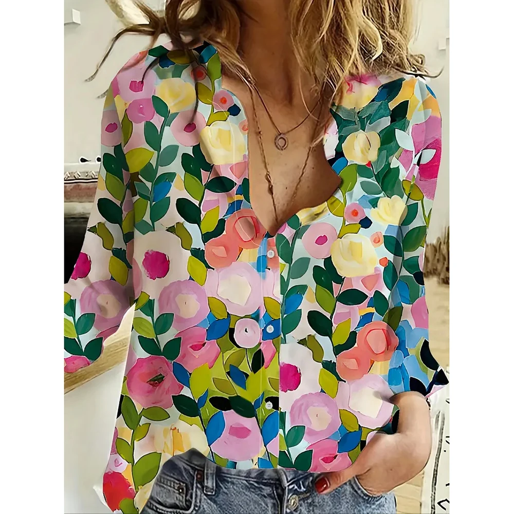 Fashion Long-Sleeved Lapel Shirts Black & White Printed Loose Single-Breasted Shirts Summer Basic Tops & Blouse Women Clothes