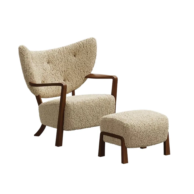 

Medieval style, leisure chair designer French retro homestay living room solid wood lamb wool single sofa chair