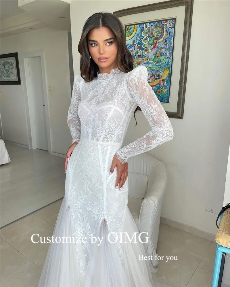 OIMG Elegant Lace Mermaid Wedding Dresses Long Sleeves Tulle Floor Length Arabic Women Bridal Gowns Robe de mariage Customized