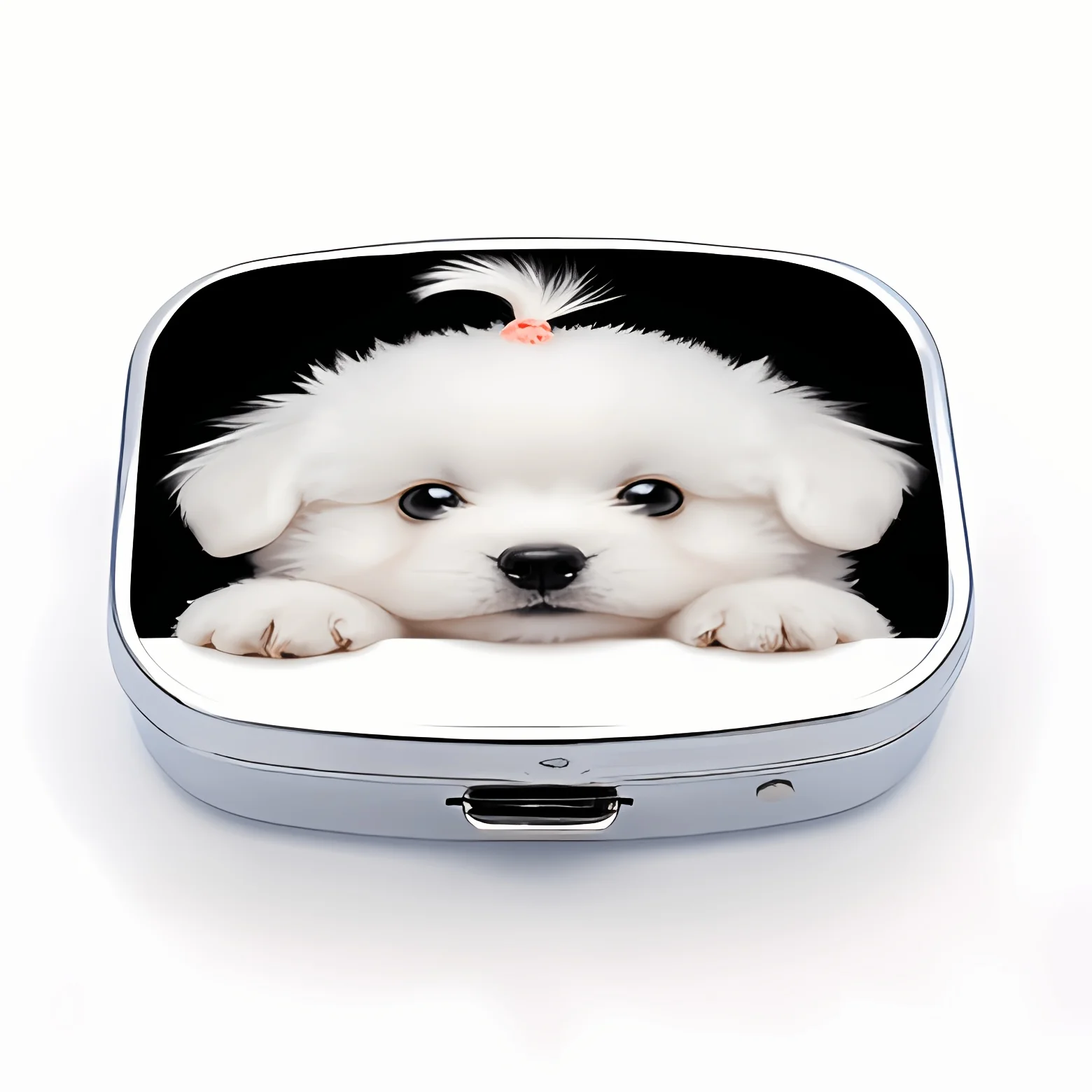Compact Metal Square Pill Box, Portable Metal Pill Box with Cute White Puppy Print, Mini Vitamin Storage Box, Fun On-The-Go Container, Unique Gift Suitable for Wallets or Travel