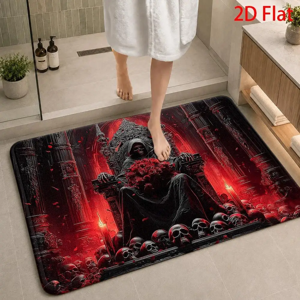 2D Flat Gothic Death Throne Crimson Rose Area Rug, Dark‑romantic Halloween Horror‑themed Floor Decor
