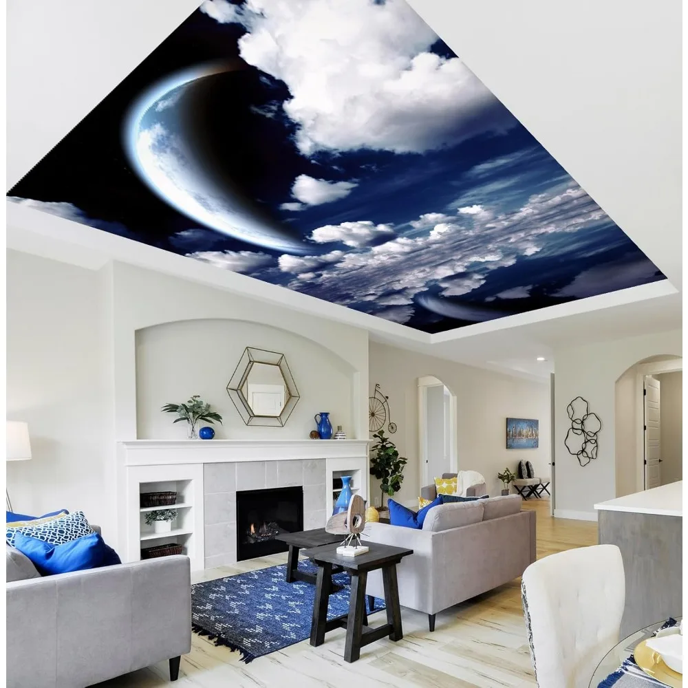 3D Moon and Cloud Ceiling Wall Print Paper, Auto-adesivo Grande Papel de Parede, Sem Cola, Decoração Removível, 114 "x 205"