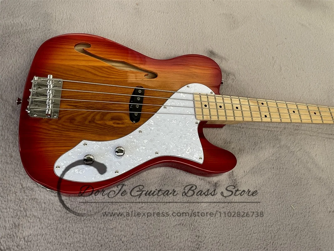 4 String Bass Guitar Cherry Sunset Bass Semi-hollow Ash Body Maple Neck Fixed Bridge White Pickup Guard