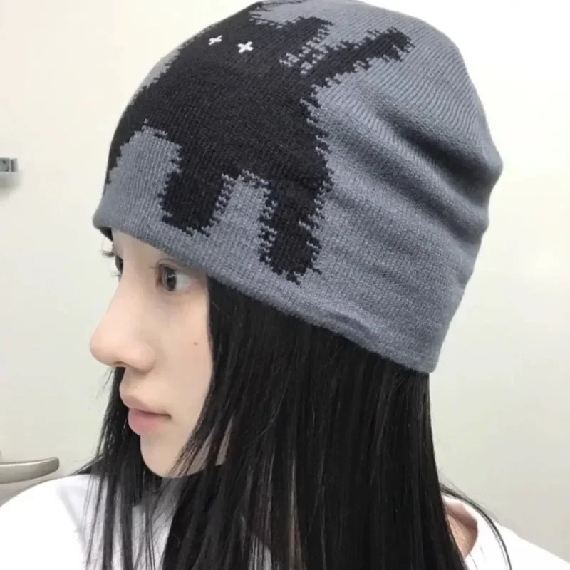 Korean Simple Cat Jacquard Knitted Beanies Cap Autumn Winter Warm Casual Versatile Retro Pullover Cold Hats for Men and Women