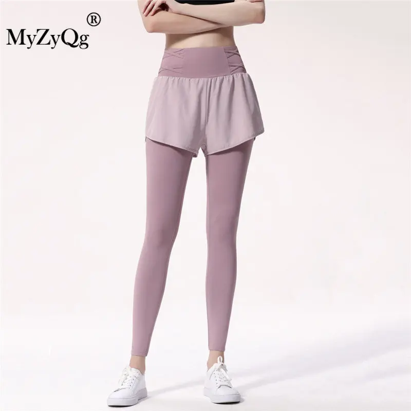 MyZyQg Fake Two-piece Yoga Pants Women High Waist Hip Lift Sports Fitness Professional Leggings Gym Training  Running Trousers