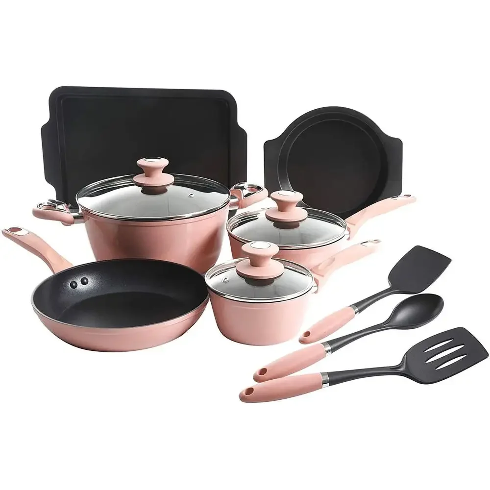 12-Piece Aluminum Nonstick Cookware Set Dutch Oven Cake Cookie Sheet Dusty Rose Stay-Cool Handles Forged Aluminum Texture Grip