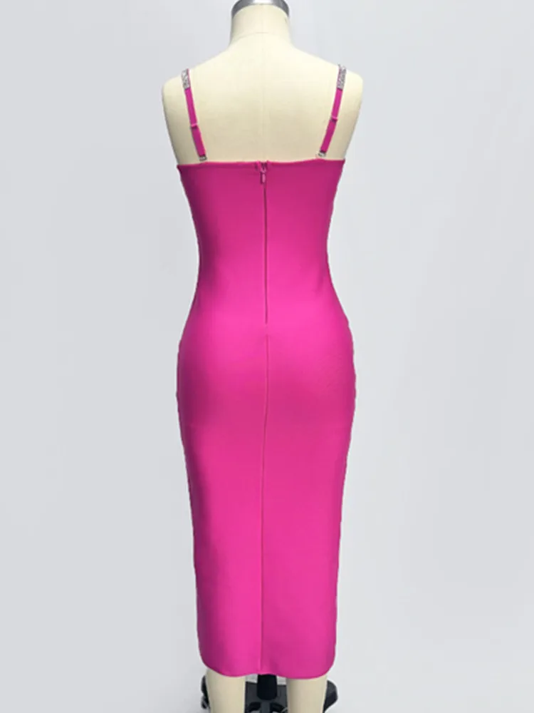 Kobiety Celebrity Sexy V Neck Backless Button Hot Pink Midi Bodycon Bandage Dress 2024 Elegancki wieczorowy strój klubowy na imprezę