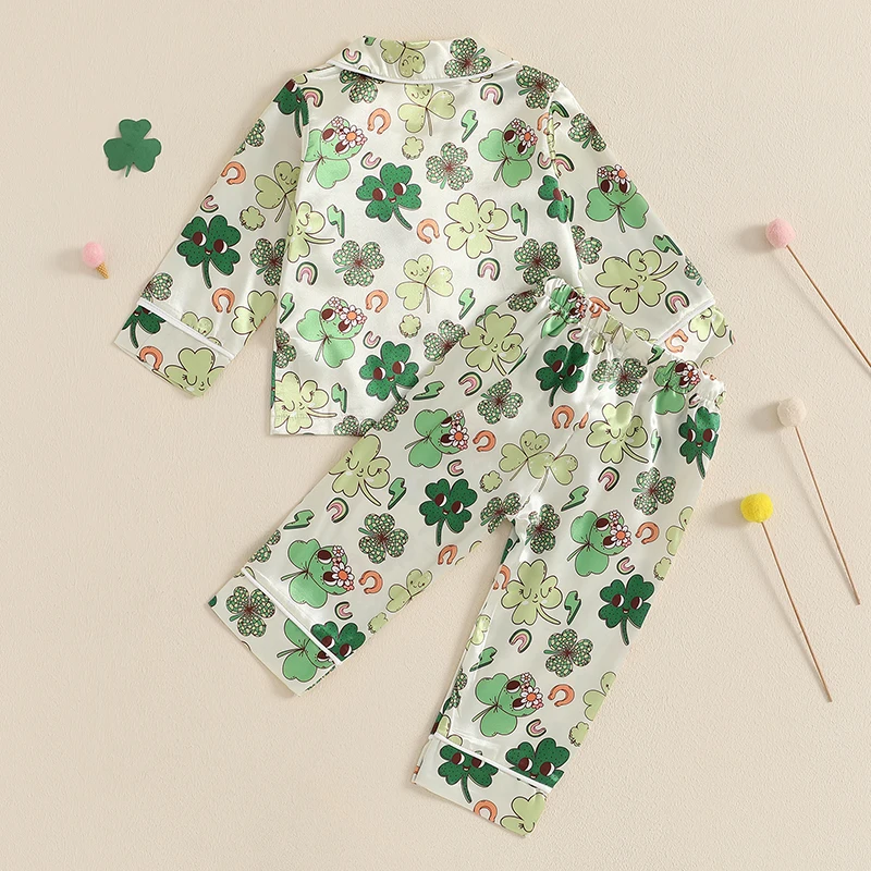 Kids Girls Satin Pajamas Set Four-leaf Clover Print Long Sleeve Tops with Elastic Waist Pants 2 Pieces Sleepwear