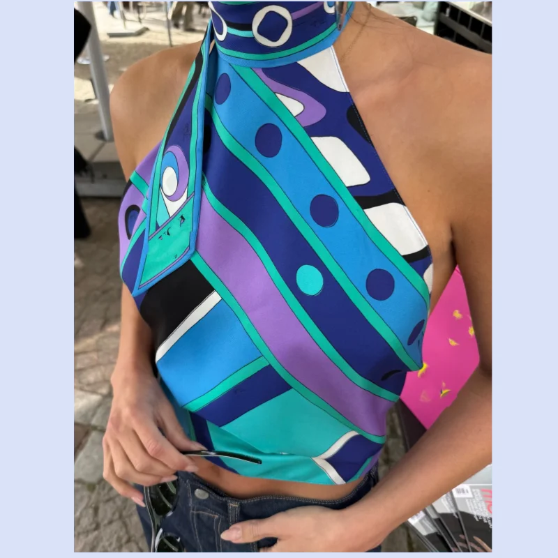 26 year new twill silk geometric vortex print, hanging neck and backless lace up top
