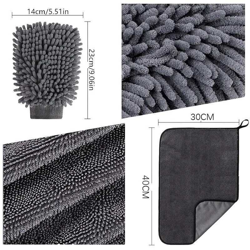 TILONDEX  Double Sided Chenille Car Wash Mitts Microfiber Drying Towel Lint Free Scratch Resistant Auto Wash Kit view 2