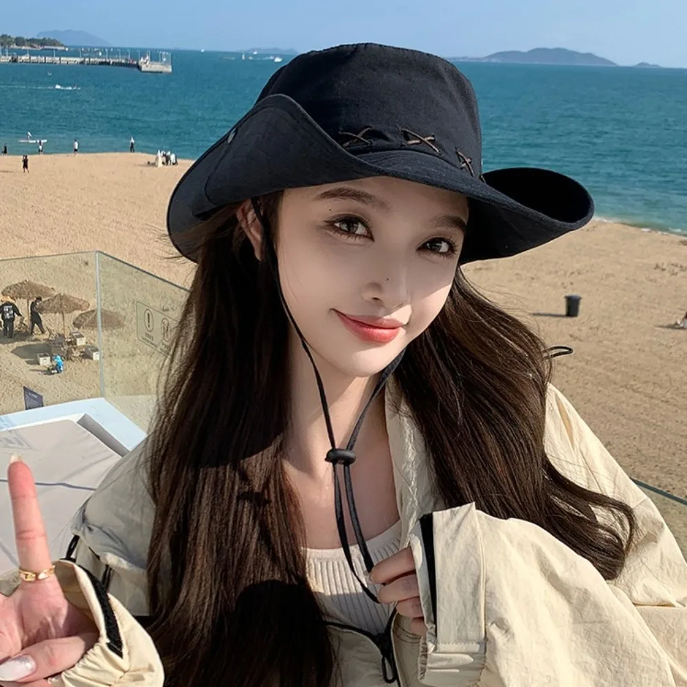 

Fashion Breathable Western Cowboy Hat Adjustable Solid Color Wide Brim Sun Hat Anti UV Climbing Fisherman Sunshade Cap Man