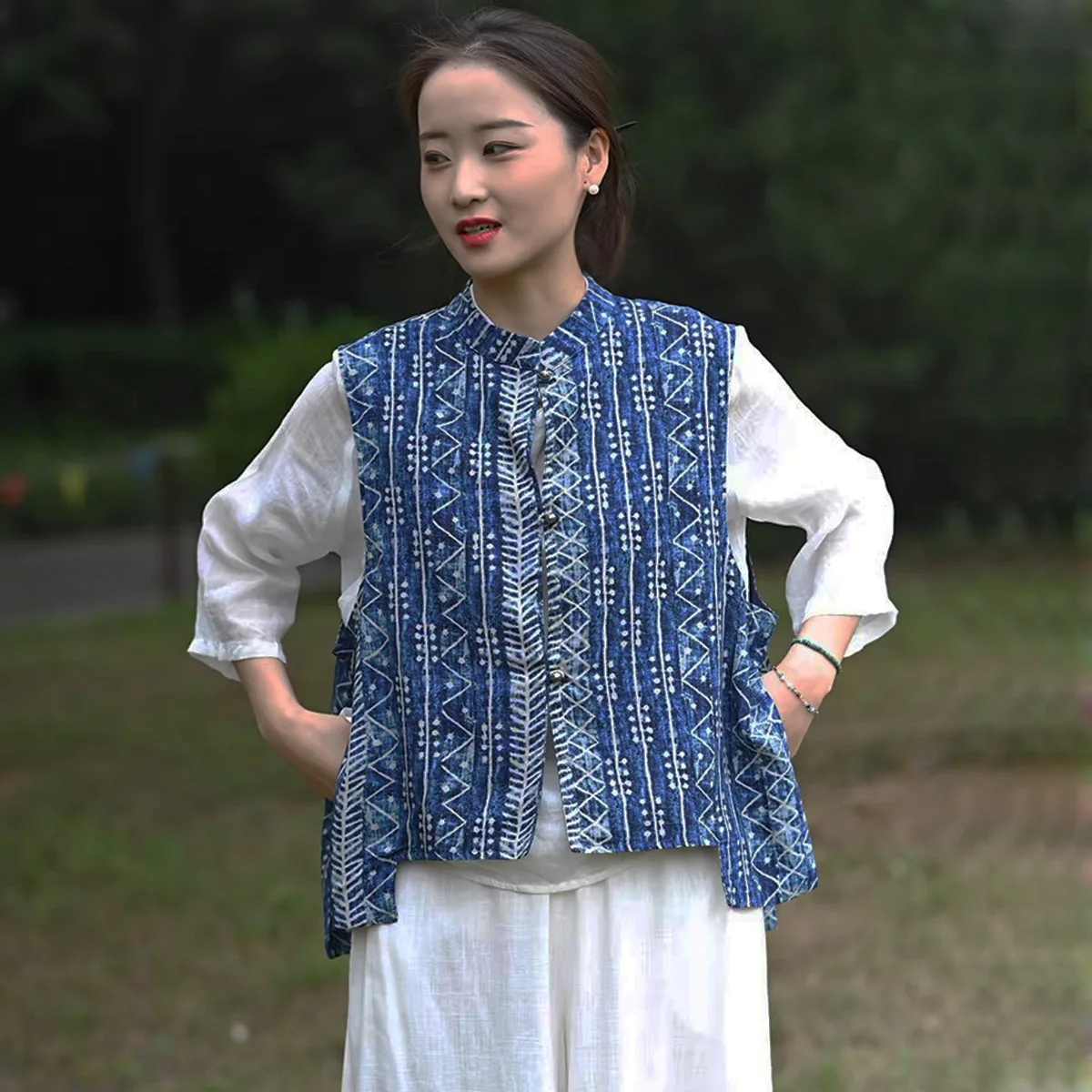 

Women's Lightweight Vest Summer High And Low button Cotton Linen Vintage Stripes Sleeveless Blazer Jacket Chinese-style Vests