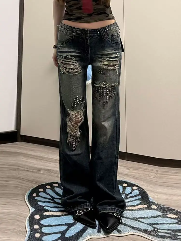 

American style spicy girl design with rivet splicing jeans, women new retro distressed distressed floor length pants