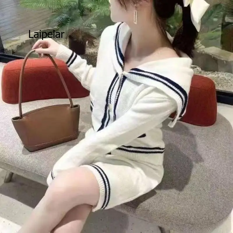 New Fashion Women Casual Solid High Street Hollow Out Long Sleeve Sweater And White Sexy Slim Mini Dress