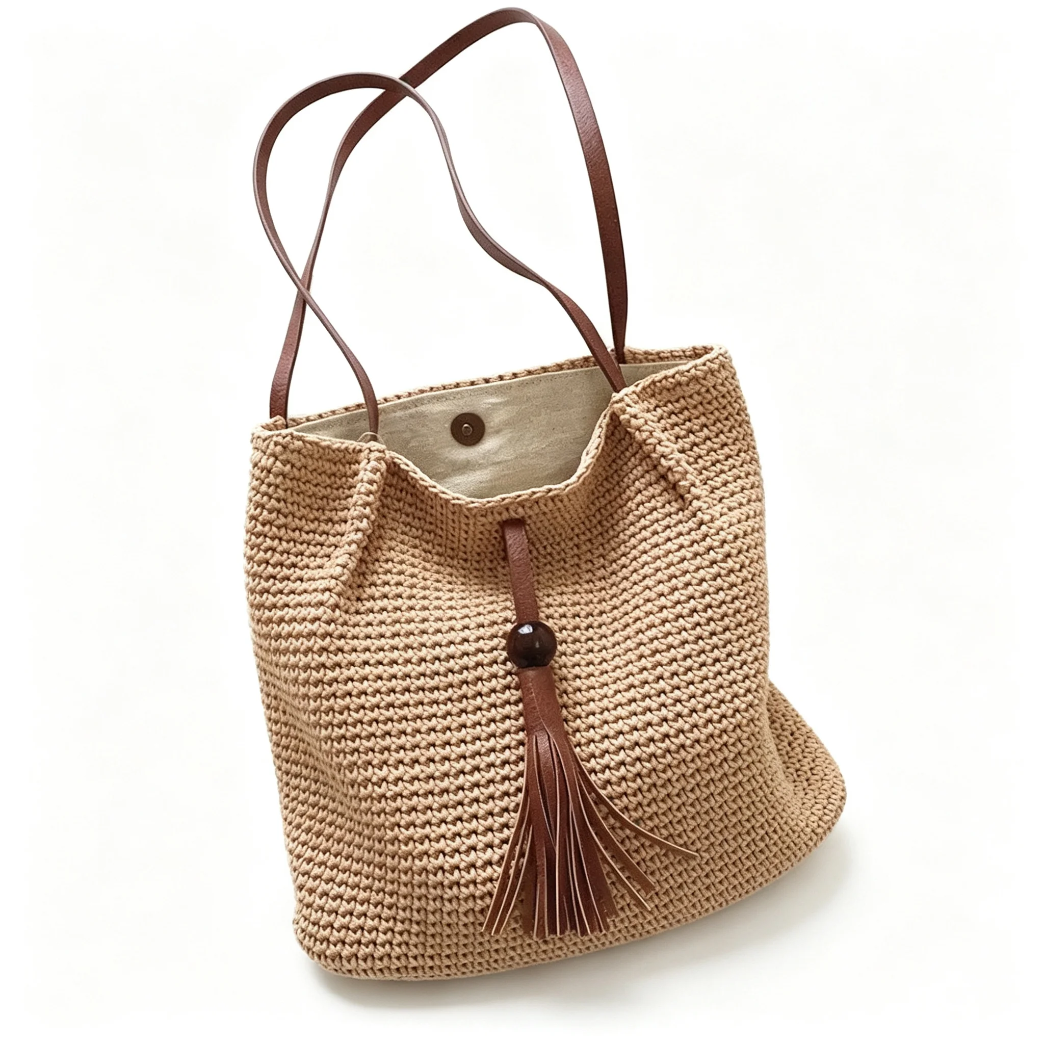 Beige Khaki Cottage Core Boho Crochet Cotton Shoulder Woven Tassel Bucket Tote Vintage Knit Hobo Bag Casual Purse for Women Girl