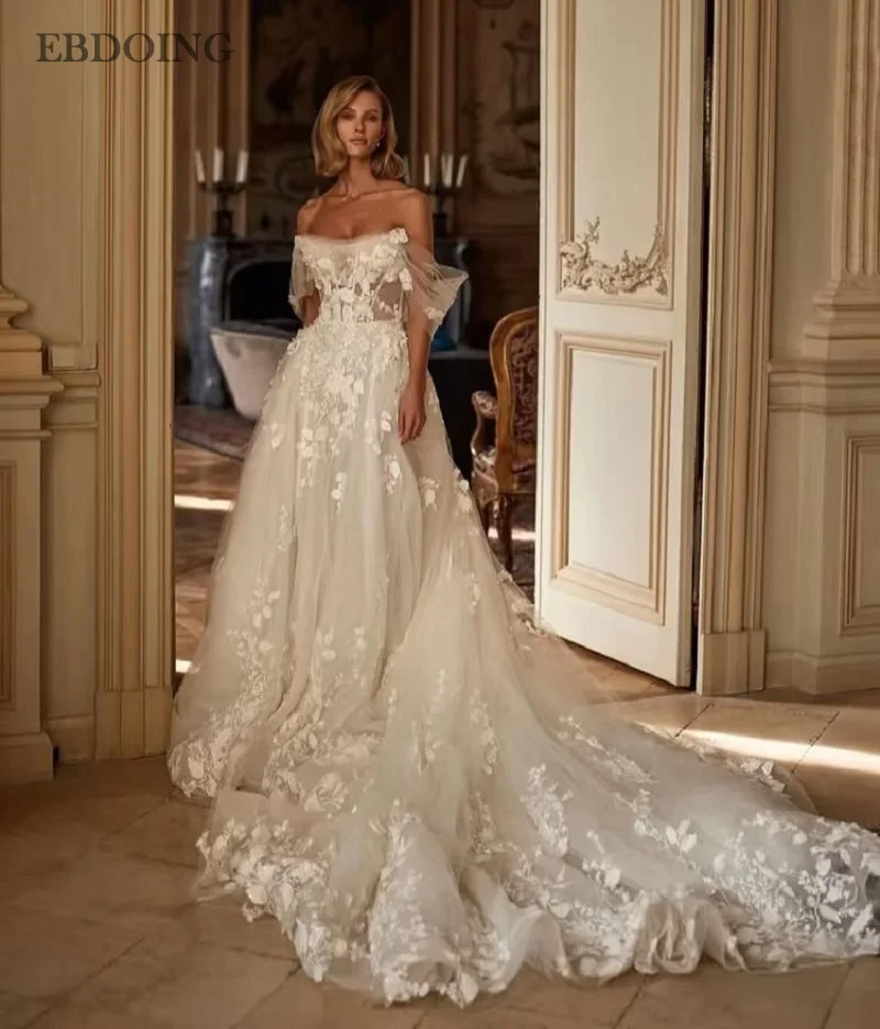 

EBDOING Wedding Dress A-Line Boat Neck Neckline With Lace Appliques Customized Bride Gown Vestidos De Novias
