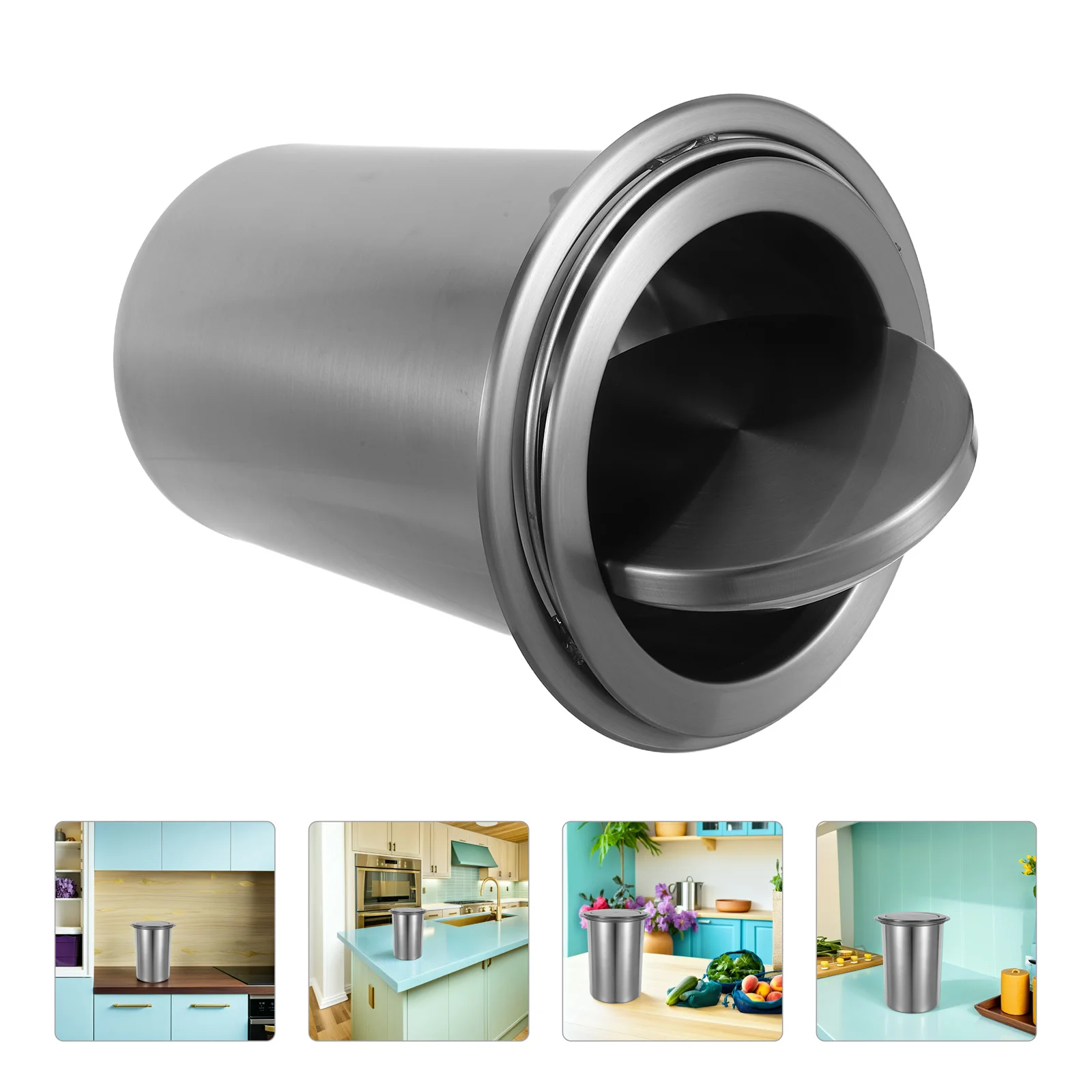 

1 Set Countertop Trash Can Built-In Kitchen Waste Bin Stainless Steel Embedded Garbage Chute Silent Swing Lid For Home Hotel