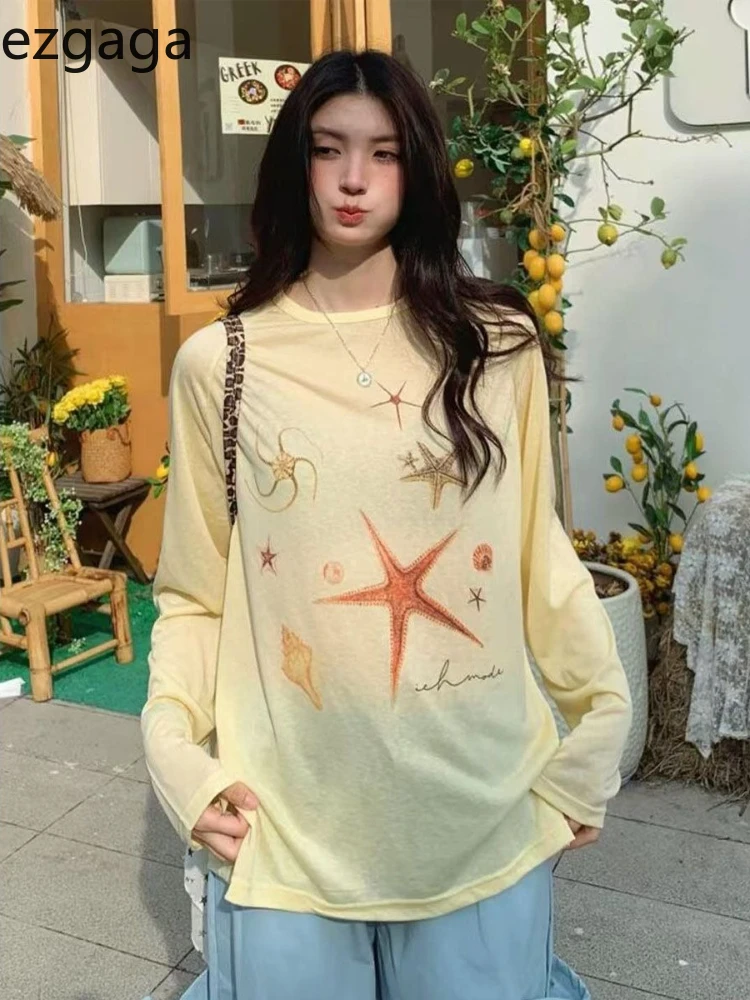 

Ezgaga T Shirts Women Vintage Long Sleeve Loose Cartoon Printed Autumn New Fashion Sweet Y2k Tops Ladies Casual Tee Shirt