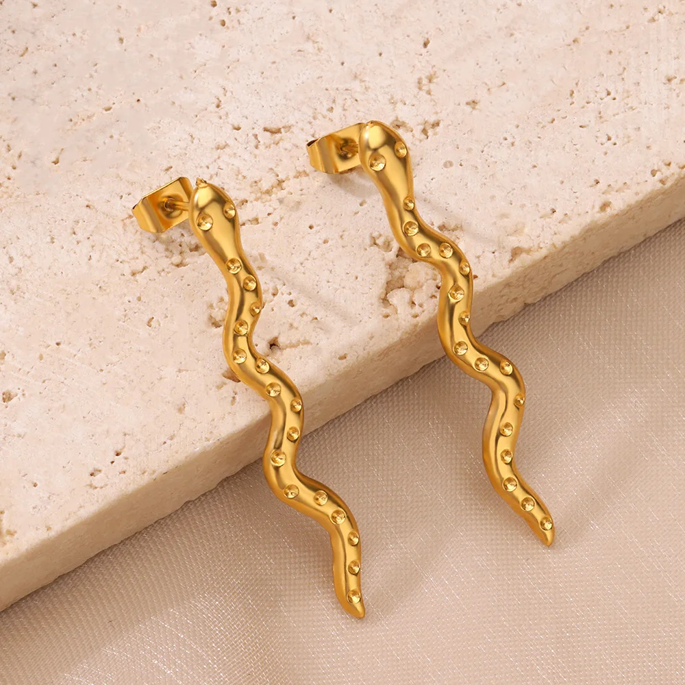 Snake Bend Vintage Stud Earrings For Women Girls Gold   Color Stainless Steel Earrings Female Party Punk Cool Charm Jewelry 2024