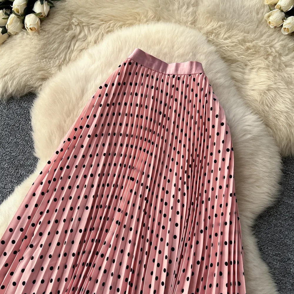 Korean Style Polka Dot Print Pleated A-line Long Skirts Women 2026 Spring Summer High Waist Casual Skirt
