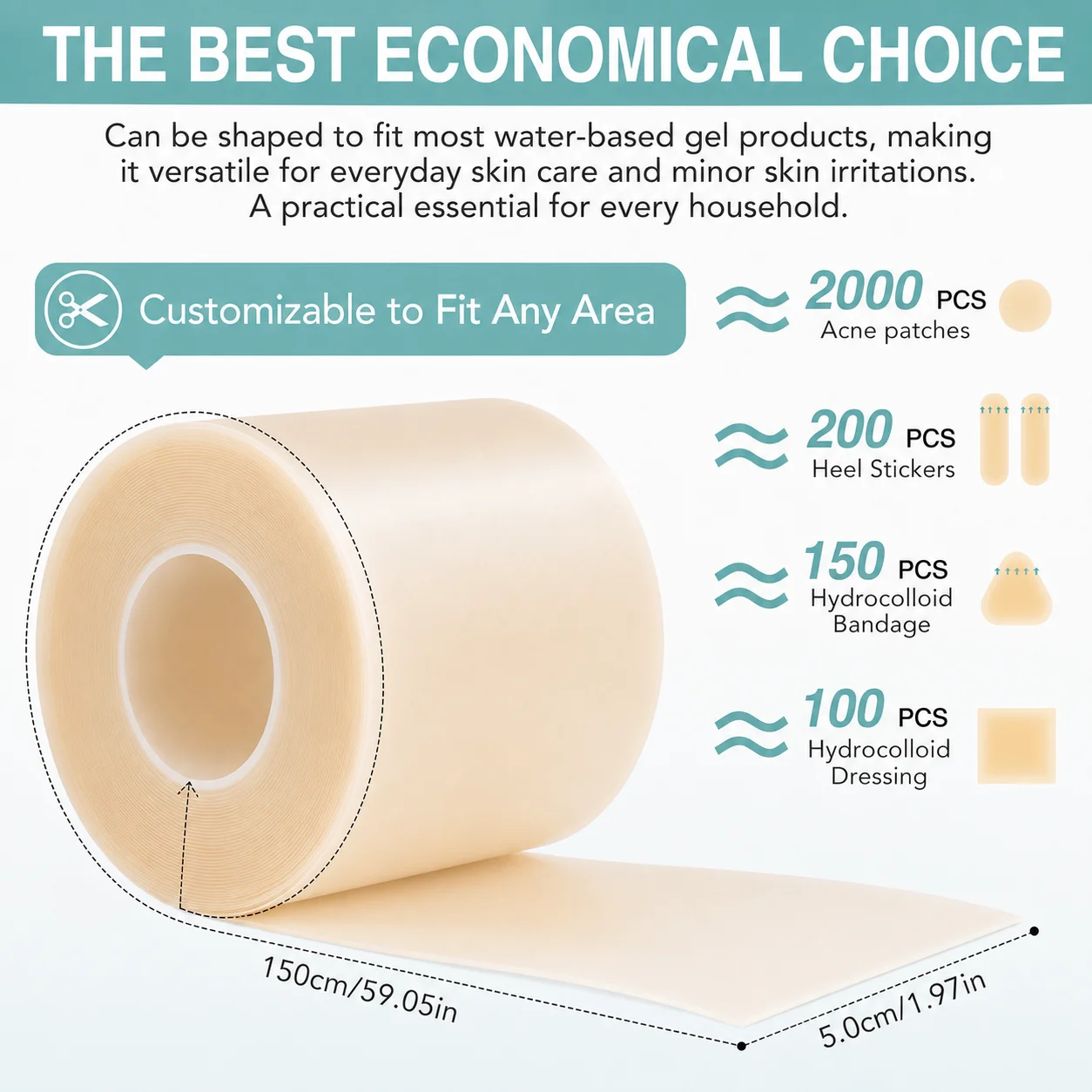 KHAZIX Hydrocolloid Bandage Roll 2in x 5ft Cut-to-Fit Wound Dressing Breathable Skin Cover view 5