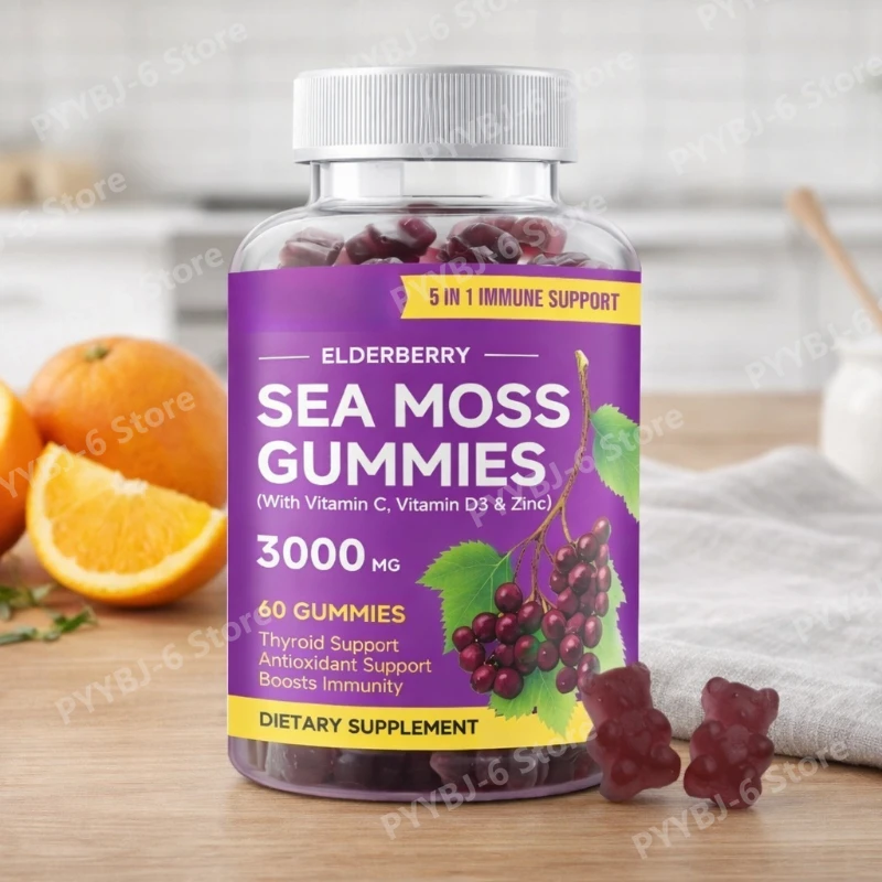 

Жевательные конфеты с бузиной и морскими водорослями 3000 мг, витаминами C, D3 и цинком, для общего здоровья и антиоксидантной защиты, без ГМО, 60 конфет