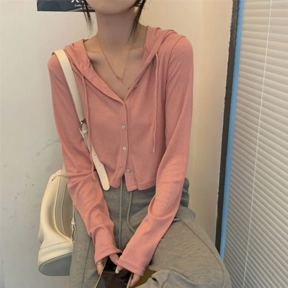 

Fashion Button Hoodie Women Y2K Lace Up Cardigan Drawstring Sweatshirts Clothing Cover Ups Slim Crop Top Holiday
