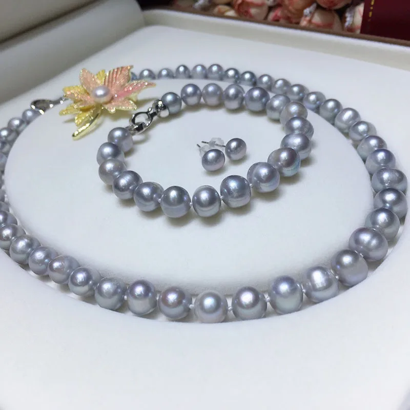 

8-9mm Gray Freshwater Pearl Necklace Brooch Female Joker Bracelet Earrings Set Fashion Jewelry 4PCS Gift Set