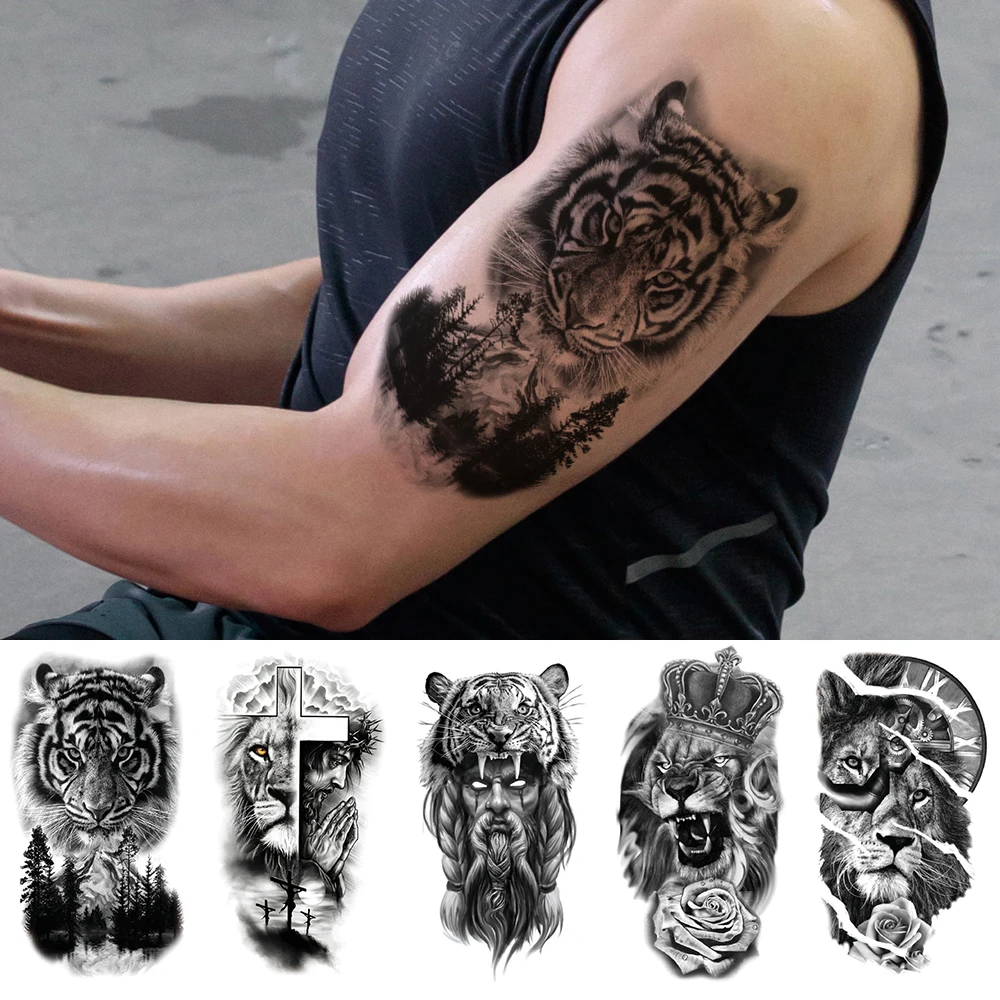 5pcs,Waterproof Temporary Fake Tattoo Stickers Decals,Skull Tiger Lion Wolf OWL Beast Bird,Body Art for Sexy Cool Man Women Arm