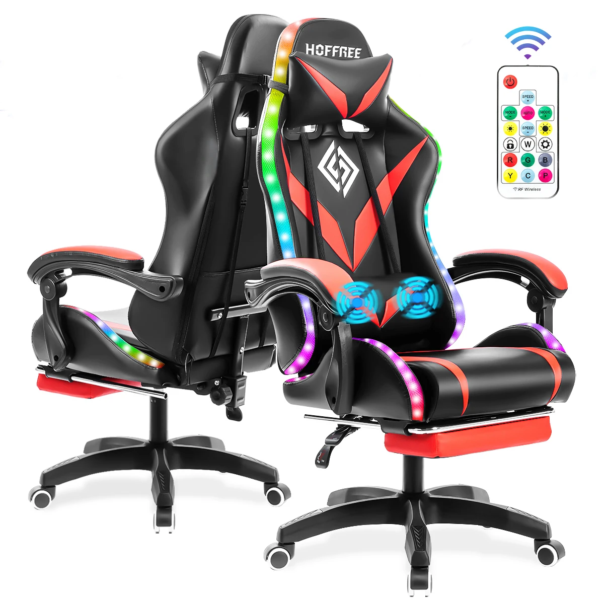 Silla para juegos con reposapiés, reposacabezas, soporte Lumbar, masaje, altura reclinable, reposabrazos, luz RGB ajustable, silla giratoria ergonómica