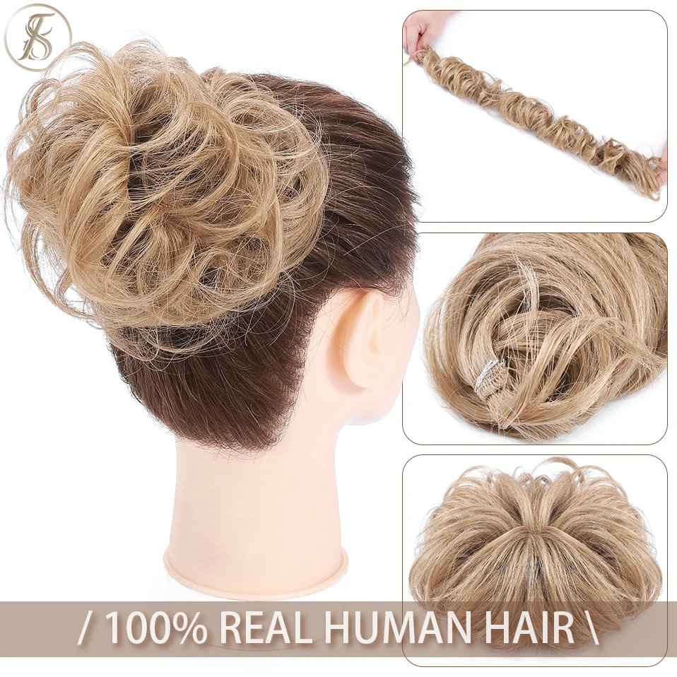 TESS Natural Hair Chignon 32g Human Hair Curly Donut Ring Elastic Band Bun Comb In Wrap Around Fake Hairpiece Women Accessories