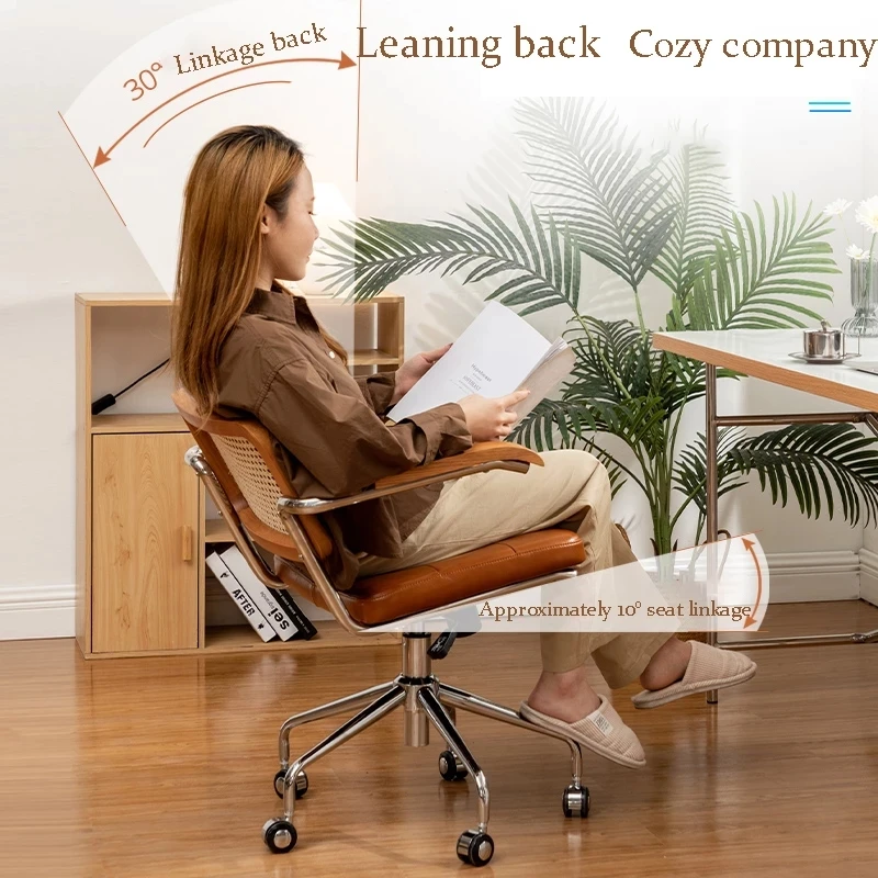 Japanese Rattan Computer Chair Retro Rotating Chair Comfortable Study Desk Seat Breathable Armrest Rattan Chair Office Furniture