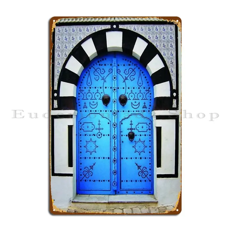 Traditional Blue Tunisian Door Sidi Bou Said Metal Sign Kitchen Plaques Cave Living Room Personalized Tin Sign Poster