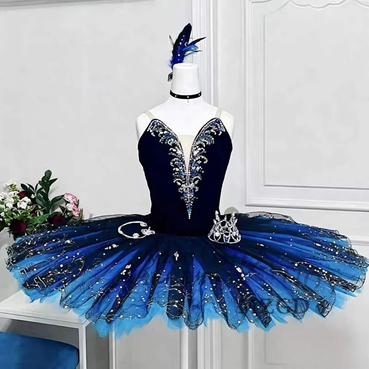 

Ballet competition costume blue bird black swan variations tutu skirt performance professional high female dance suit