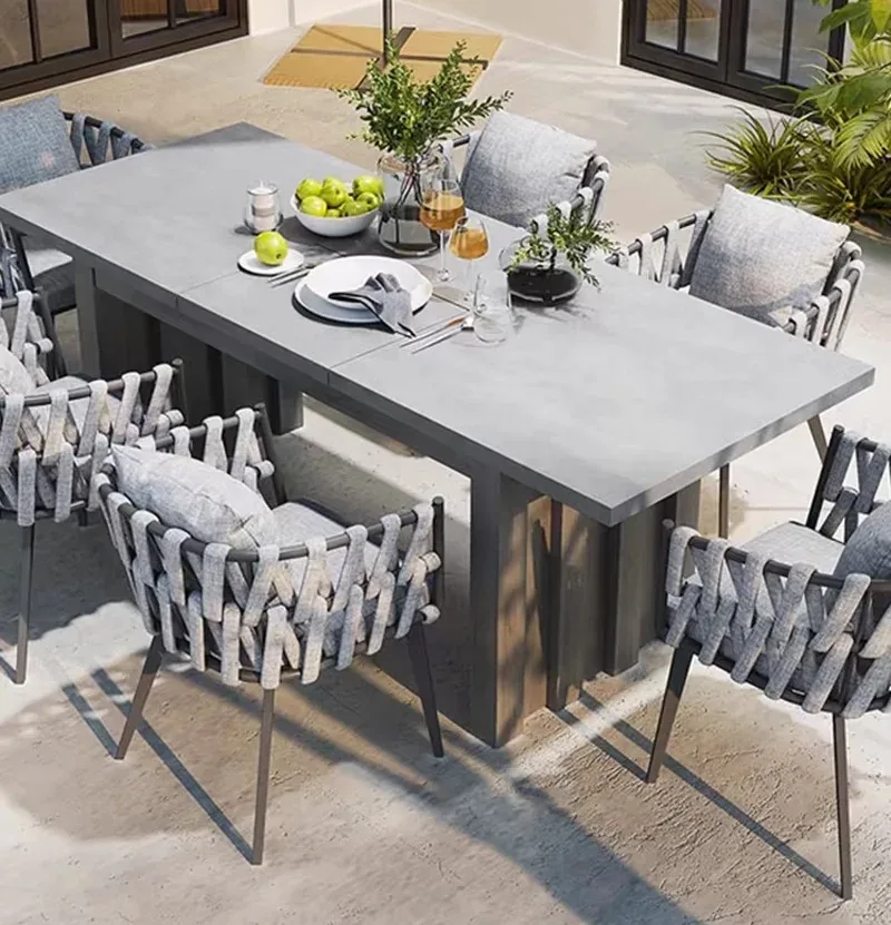 Outdoor Patio Furniture Garden Table Set Rope Weaving Outdoor Dining Extension Table Chairs
