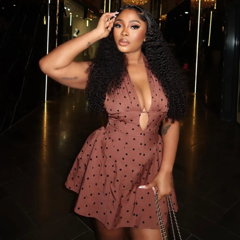 

FLARORA Fashion Polka Dot Print Mini Dresses Woman Halter V Neck Sleeveless Backless Ruched Dress Elegant Party Female Vestidos