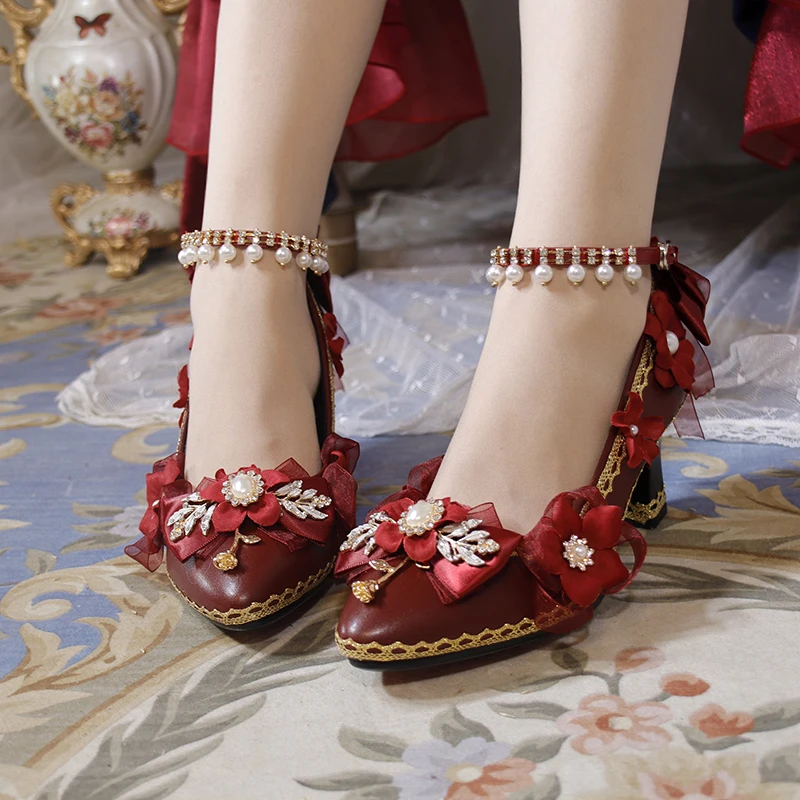 Original One Night Story Lolita Shoes Red Flower Wedding Thick Heel Shoes Bride Wedding High Heel Lo Shoes Girl