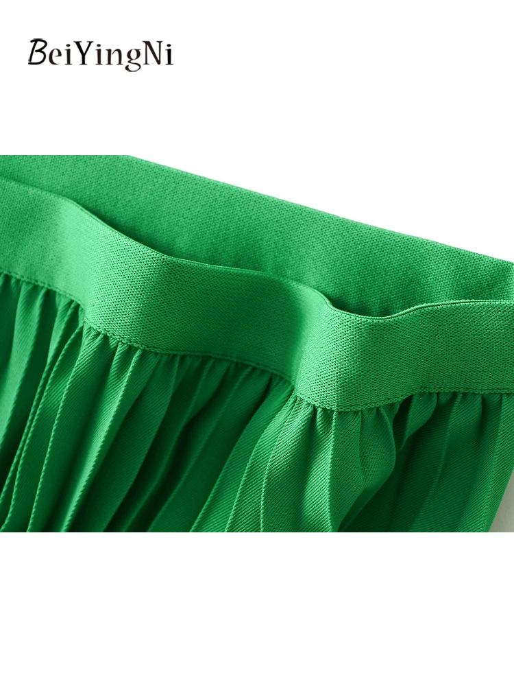 Beiyingni Woman Pleated Midi Skirt Solid Color Casual Woman's Elegant A-line High Waist Skirts Korean Fashion Large Hem Faldas
