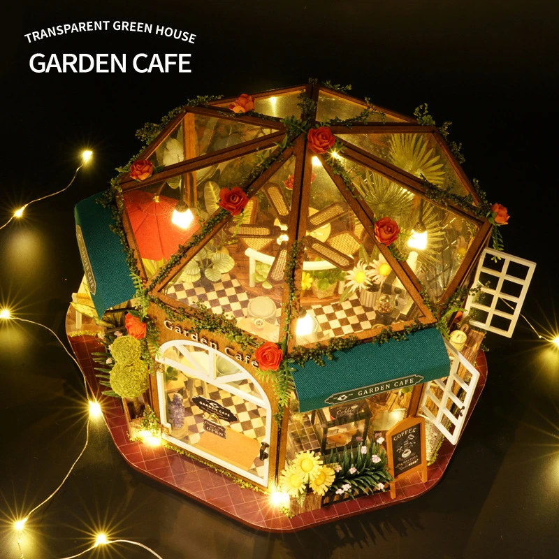 DIY Wooden Miniature Model Kit Flower Garden Cafe Cottage 3D Puzzle Dollhouse With Furniture Lights Casa for Friends Gifts