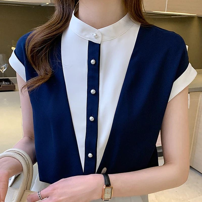 Summer Blouse Women Short Sleeve Stand Collar Chiffon Blouse Shirt Tops Women Blusas Mujer De Moda 2024 Blouses Shirts E987