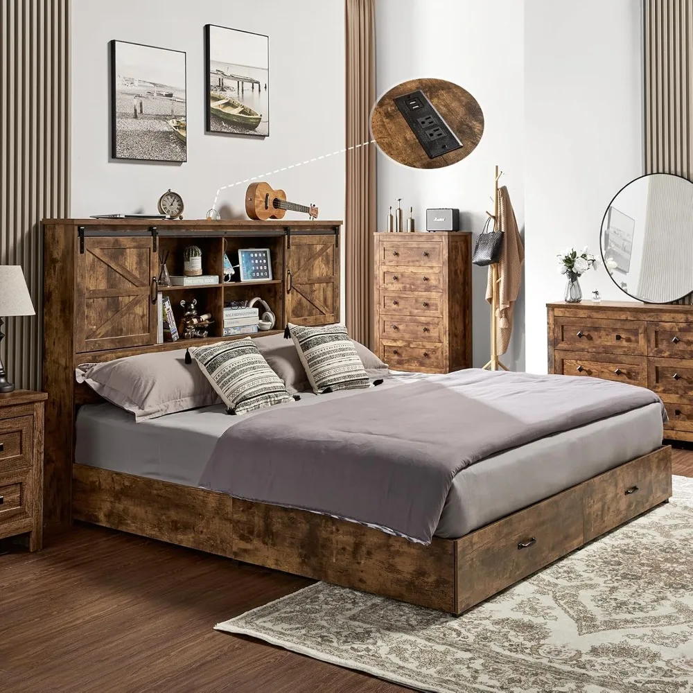 

King Size Bed Frame, Farmhouse Wooden Platform Storage Beds with 51.2" Bookcase Headboard, 2 Drawers, Charging, Bed Frame