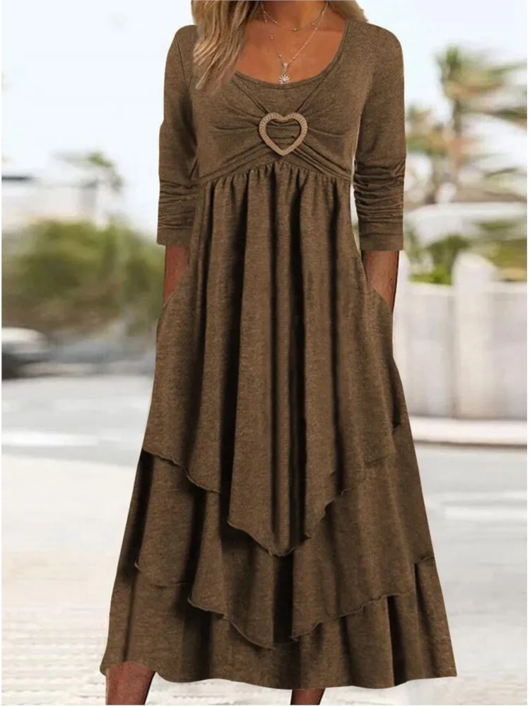 

Women Elegant Multi Layers Splicing Cake Hem Dresses 2025 Autumn High Waist Long Sleeve Female Love Heart Decoration Pocket Gown
