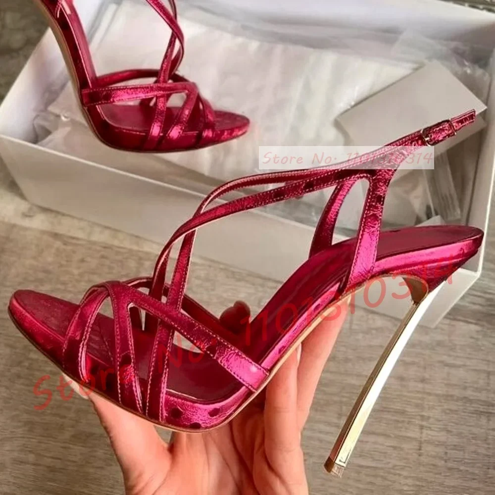 Red Metallic Metal Heels Sandals Women Slingback Cross Strap Luxury Shoes Female Summer Sexy Plus Size Banquet High Heels Shoes