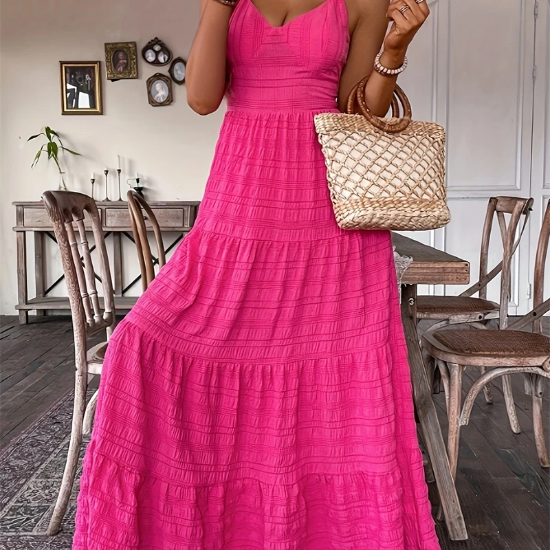 Sexy Hosenträger-Kleid mit V-Ausschnitt, einfarbig, großer Saum, Fliege, langer Rock für Damen, Strand, Party, Date, Nacht, feminines Sommer-Outfit