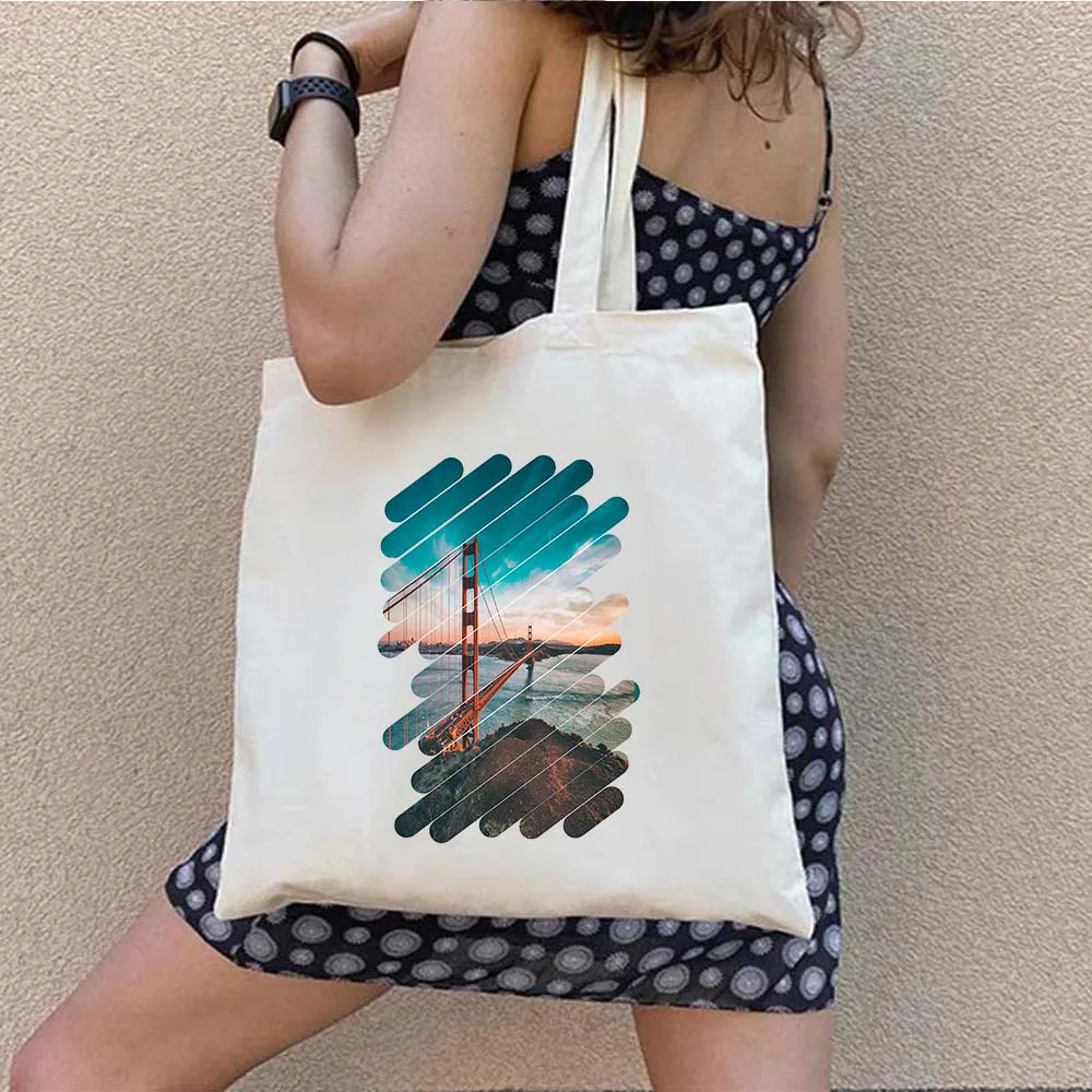 Vintage San Francisco California State Bear Flag Golden Gate Bridge Palm Harajuku Tote Bag Foldable Shopping Bag Shopper Handbag