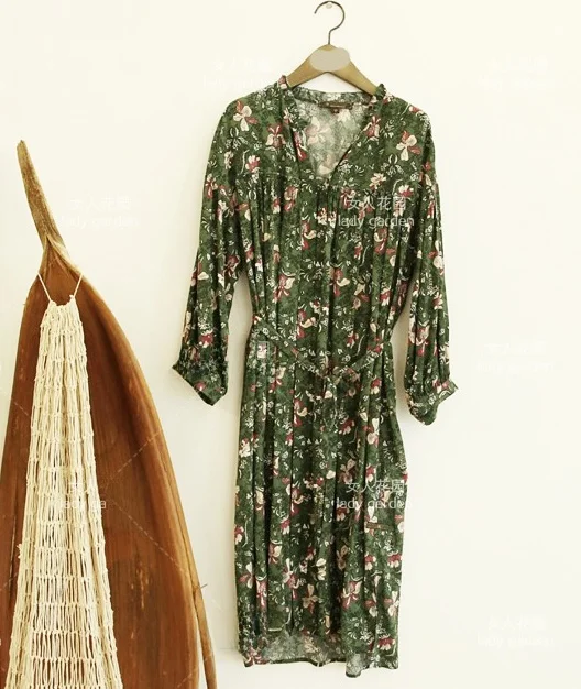 Soie coton thé Rose imprimé Dr avec ceinture minceur Protection solaire v-ne a-ligne jupe mi-longue mi-longue coréenne Sle