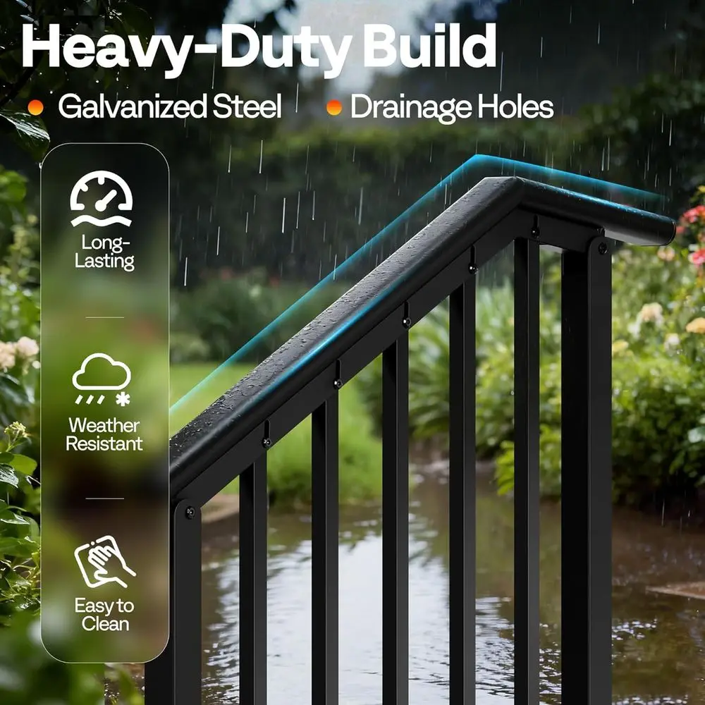 3 Step Galvanized Steel Hand Rails - Black Oval Balusters for Outdoor Steps, Porch, Deck, Indoor Stairs with Kit