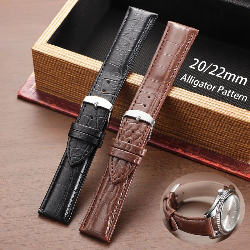 Leather Watch Band 20mm 22mm Alligator Pattern Cowhide Strap for Seiko Bracelet Soft Comfortable Universal Replacement Wristband